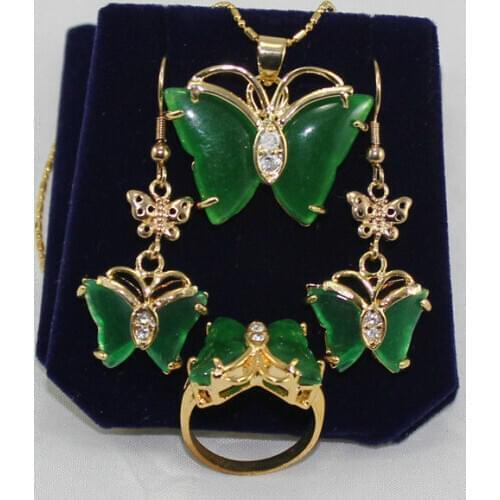 Beautiful green jades Butterfly earrings pendant ring size 7 8 9