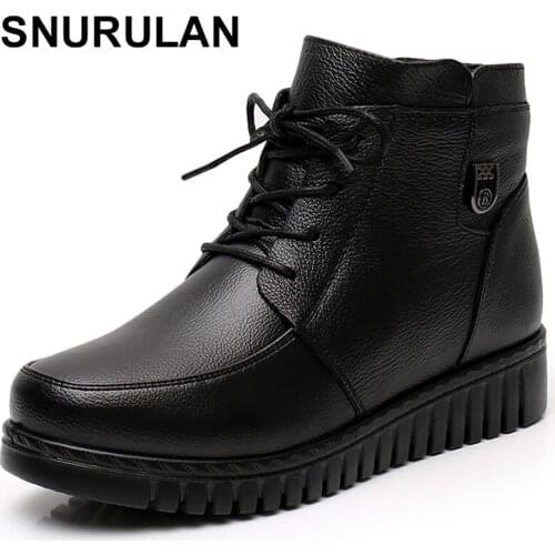 SNURULAN 2021 Women Snow Boots Winter Flat Heels Ankle Boots Women Warm Platform Shoes Genuine Leather Thick Wool Fur Booties