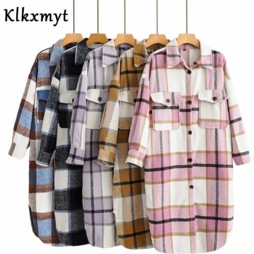 Klkxmyt Za Trench Coat Women 2021 New Fashion Woolen Check Windbreaker Vintage Long Sleeve Pockets Female Outerwear Chic Tops