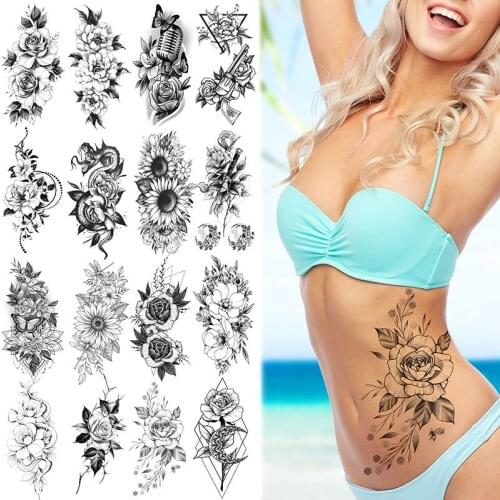 Sketch Flower Tattoo Sticker Waterproof Temporary Tattoo Transfer Art Tattoo Sticker Rose Flower Black and White Flower Tattoo