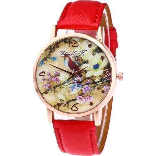 Retro Quartz Watch Faux Leather Strap Couple Watch Round Dial Women Watches Spring Flower and Birds Printed LL@17