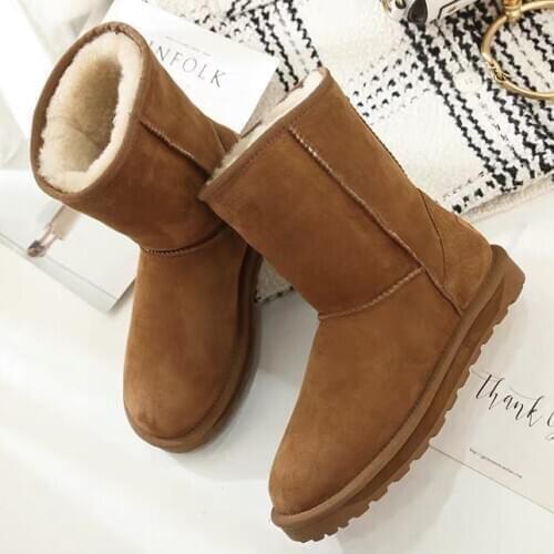Womens Snow Mid-Calf Waterproof Boots Winter Ladies Warm Cowhide Leather Suede Brown Booty Non-slip Cozy Shoes
