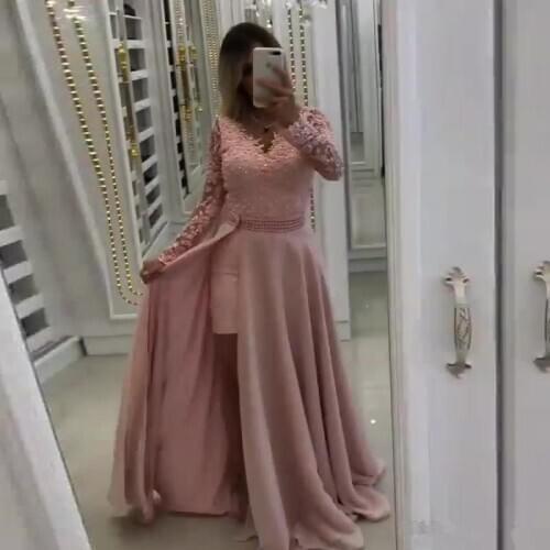 Pink Formal Prom Dresses Women Elegant Lace V Neck Long Sleeve Evening Dresses 2020 Party Dresses Vestido Festa Robe de Soiree