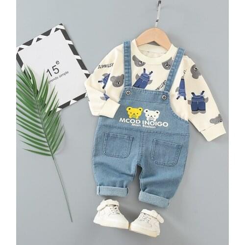 2021 Spring Autumn Baby Boy Clothes Set Cartoon Toddler Cotoon Pullover Top+Bib Jeans 2pc Infant Tracksuit Outfits Clothing