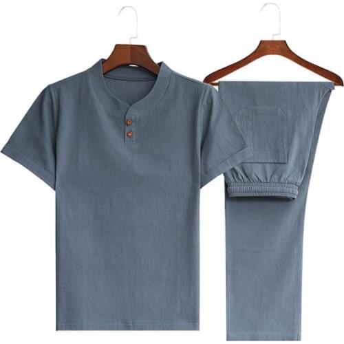 2021 Two Piece Set Men Solid Color Summer Outfit Plus Size Chinoiserie Short Sleeve Tops Drawstring Pants Casual Mens Sets