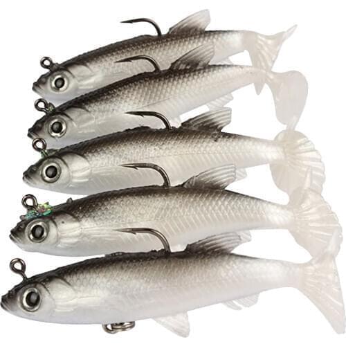 5Pcs/Set Soft Lure Wobblers Artificial Bait Silicone Fishing Lure Bait Sea Bass Bait Lead Covered Fish T Tail Fish Black White