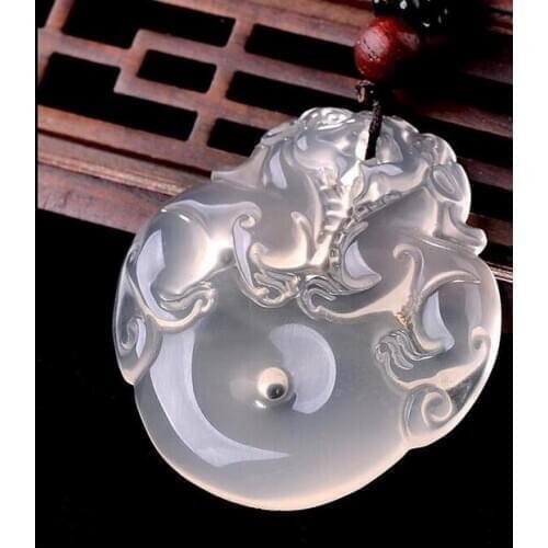 Free Shipping With Certificate Chalcedony High Quality two pixiu together Necklace Lucky Pendant Ice