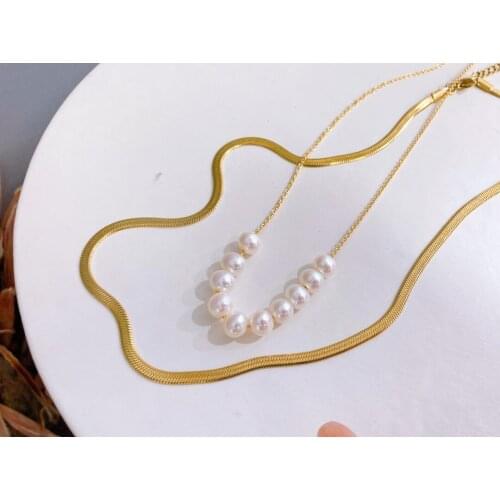 Fashion Gold Plated Snake Chain With Mini Natural Pearl Necklace