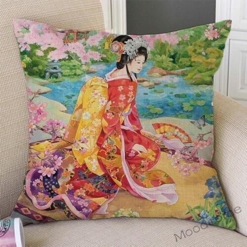 New Asia Japanese Geisha Girl Woman Beauty Drawing Art Decorative Throw Pillow Case Floral Ancient Goddess Culture Cushion Cover