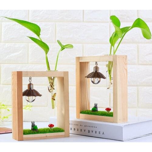 Wooden Shelf Hydroponic Plant Glass Test Tube Vase Green Radish Flower Pot Ornaments Totoro Cartoon Night Light Table Decoration