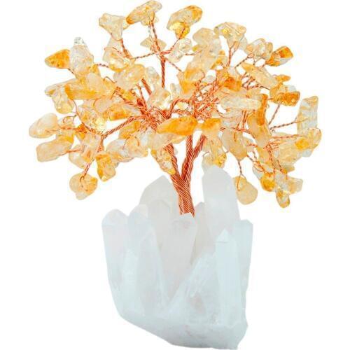 TUMBEELLUWA 4 Inch Yellow Crystal Money Tree,Natural Rock Quartz Cluster Base Bonsai Figurine for Wealth and Luck