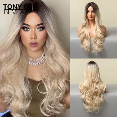Long Wavy Blonde Ombre Hair Wigs Middle Part Heat Resistant Synthetic Wigs for Women Dark Root Cosplay Natural Wigs