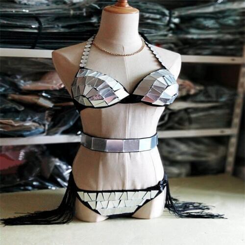 EC25 Ballroom dance party dress women stage show silver mirror bikini dj costumes bra gold catwalk performance clothe bar disco