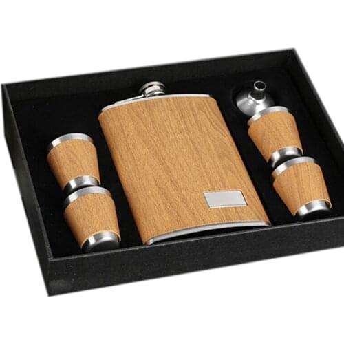 9 Oz Wooden Hip Flask Set with 1 Funnel and 4 Cups Whiskey Wine Stainless Steel Flagon Bottle Travel Drinkware for Gifts