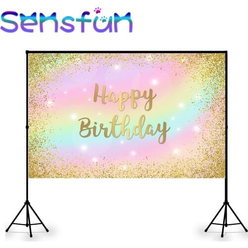 Happy Birthday Photography Background Gold Glitter Baby Shower Newborn Backdrop for Photo Studio Rainbow Vinyl Photo Booth