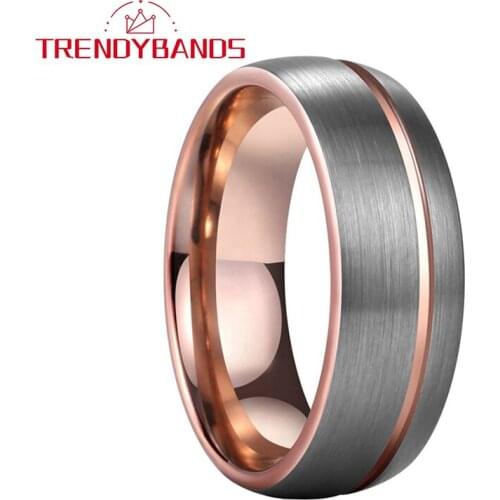 Rose Gold Wedding Band Tungsten Ring For Men Women Offset Grooved And Brushed Finish 8MM Comfort Fit