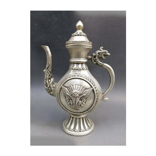 Copper Brass CHINESE crafts decor ation Asian 9 " China prata esculpida de buda redpoll pote de vinho frasco