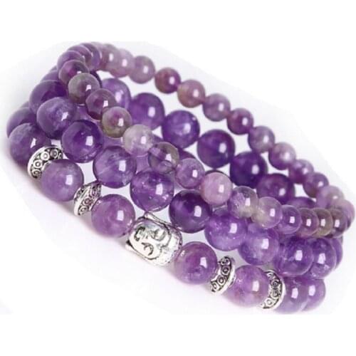 New Arrival Length 19cm 3pcs/Set Purple Crystal Braceletes Natural Jewelry Bangles Buddha Head Charm For Bracelet women gift