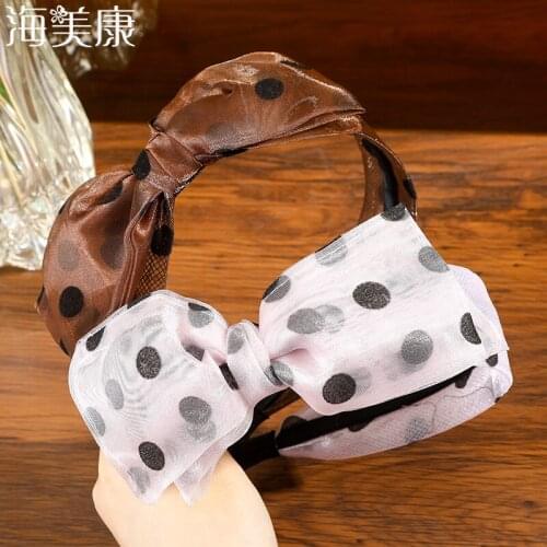 Haimeikang Black Dot Print Wide Side Bow Headband Mesh Solid Color Hair Hoop Fashion Ladies Hair Band For Wemen Hair Accessories