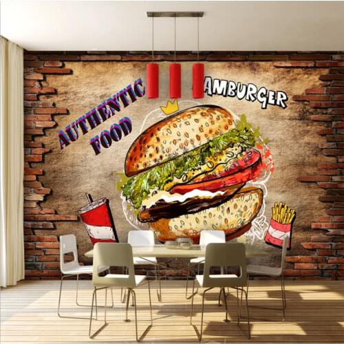 Burger Fast Food Restaurant Wall Paper 3D Handburger Food Snack Bar Industrial Decor Brick Wall Background Mural Wallpaper 3D