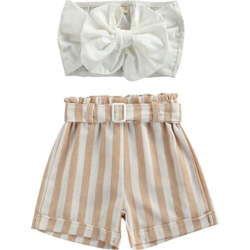 1-6Y Fashion Baby Girl Kids Solid Color Bow Off Shoulder Tops + Stripe Shorts Summer Casual Girl 2pcs Outfit Clothes