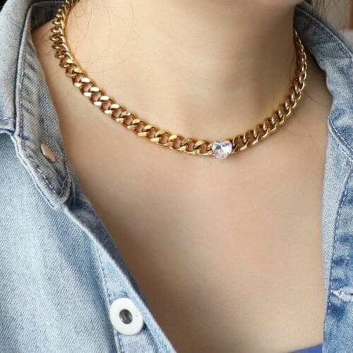 Punk Thick Chain Necklaces Stainless Steel Necklace Heart Cuban Chain Luxury Heart Pendant Necklace Women Stainless Jewelry Gift