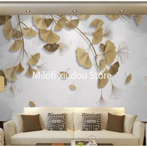Custom 3D Mural Wallpaper Light Luxury Golden Embossed Line Ginkgo Leaf Background Wall Decorative Painting Wallpaper