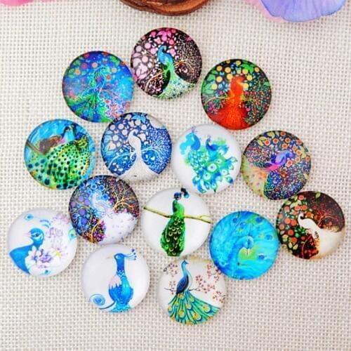 Different Styles Nice Peacock Mosaic Printed Picture Glass Half Round Dome Cabochons Tiles for Jewelry Making, Floral Series