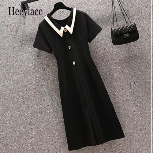 Plus Size Women 2021 Summer New Vintage French Black Dress Short Sleeve Peter Pan Collar Elegant A Line Party Dresses Clothing