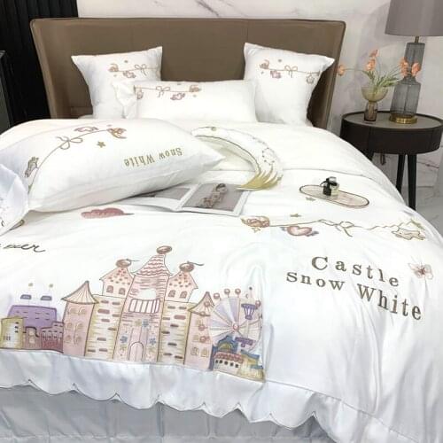 Luxury Satin Silk Cotton Cartoon Princess Castle Embroidery Bedding Set Smooth Silky Double Duvet Cover Set Bed Linen Pillowcase