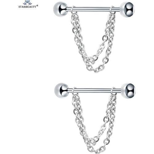 Starbeauty 2pcs/lot Dual Chain Tassel Nipple Piercing Nipple Ring Women Helix Piercing Stainless Steel Sex Product Body Jewelry