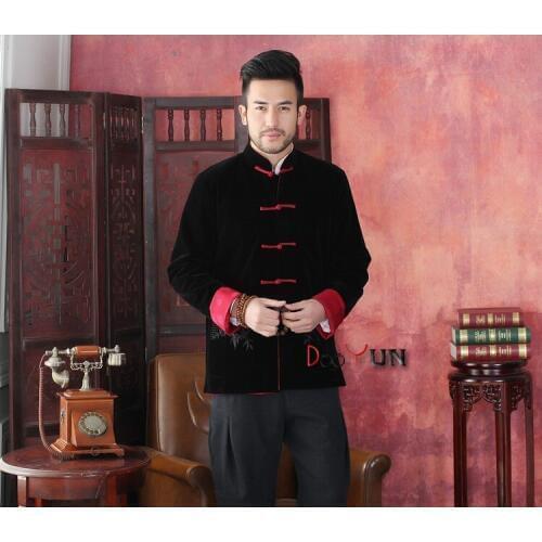 High Quality Black Red Mens Long sleeve Two-Face Jacket Kung Fu Coat Velour Tang Suit Size S M L XL XXL XXXL Free Shipping