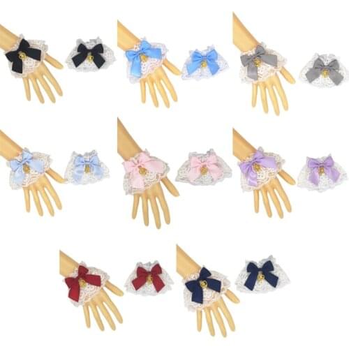 Women Lolita Ruffled Lace Wrist Cuff Sweet Bowknot Heart Pendant Bracelet Wristband Japanese Anime Cosplay Hand Sleeves