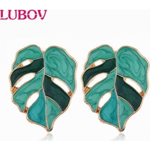 LUBOV New Fashion Flower Leafs Earrings Female Enamel Green Plant Statement Stud Earrings for Women Party Jewelry Gifts