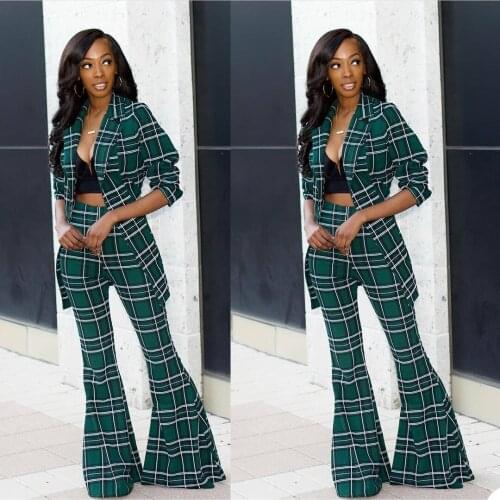 Elegant Plaid Women Blazer Flare Pants V Neck Suits Loose Office Lady Fashion Daily Casul Party Wear Check Jacket