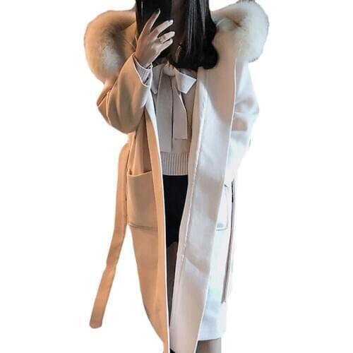 2019 Autumn Winter New Woolen Coat Female Korean Slim Long Fur Collar Wool Coats Womens Casual Hooded Warm Woolen Coats E072