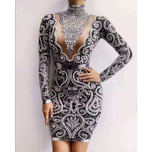2019 Black Gray Rhinestones Pearls Long Sleeves Dress Sexy Spandex Women Singer Outfit Birthday Celebrate Evening Dress