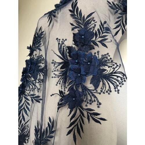 1yard Navy Blue Beaded Lace Fabric With 3d Florals Heavy Embroidered Lace Fabric