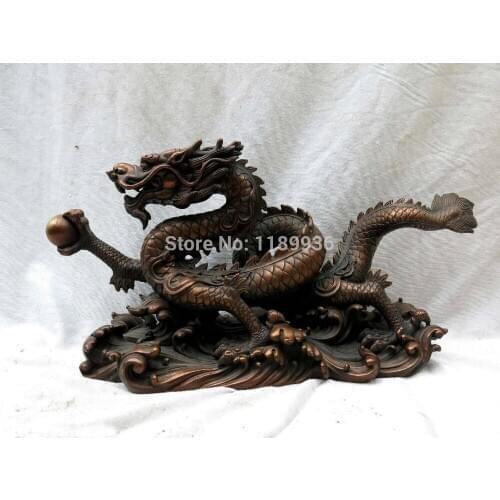 8" China red bronze carved lucky dragon play bead on sea wave Statue