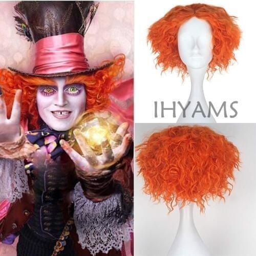Alice in Wonderland 2 Mad Hatter Tarrant Hightopp Orange Wig Short Curly Cosplay Costume Wigs + Wig Cap