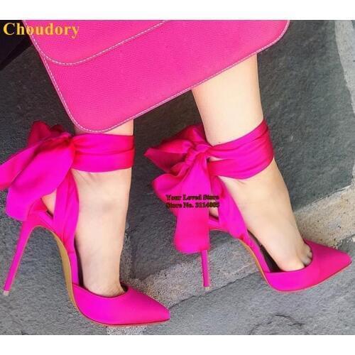 Choudory Fuchsia Satin Clothe Butterfly-knot Dress Pumps Pointed Toe Ribbon Lace-up Bowtie Wedding Shoes Size47 Silk Fabric Pump