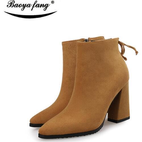 BaoYaFang New arrival Block heel women Boots Winter short plush insole fashion Flock ankle boots for woman