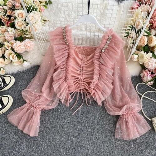 V-neck net yarn chiffon shirt 2021 summer new sweet folds drawstring short ruffled blouse women