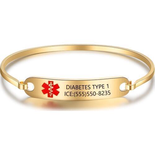 Customized Medical Alert ID Bracelet Stainless Steel Jewelry Engraved Name 2 Colors Emergency Remind Bangle for Women (BA102475)