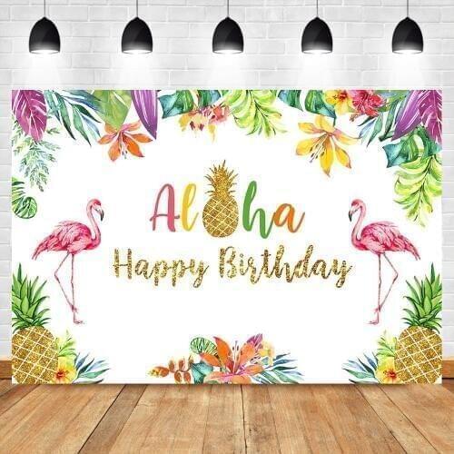 Tropical Flamingo Birthday Backdrop Aloha Happy Birthday Gold Pineapple Background Hawaii Birthday Party Photography Backdrops