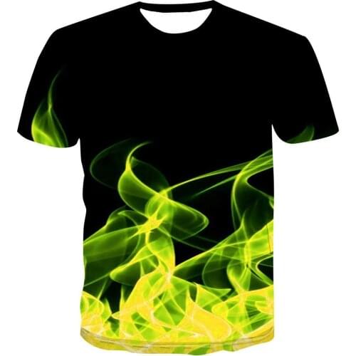 Summer Hot Style Mens T-Shirt Yellow Flame Cool Youth Fashion Personality Casual Round Neck Pullover Print Short-Sleeved Shirt