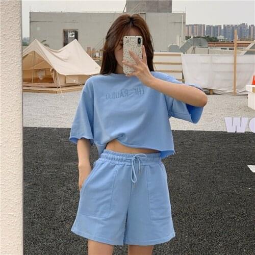 Blue O-neck Loose T Shirts Matching Short Sets Two Pieces Summer Casual Style White Crop Top Letter Pullovers Womens Clothing