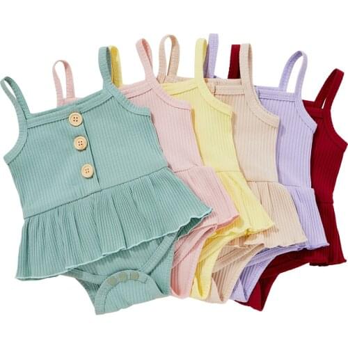 2021 Toddler Summer Jumpsuit, Solid Color Ribbed Spaghetti Strap Sleeveless Romper Skirt for Baby Girls, 0-18 Months, 6 Colors
