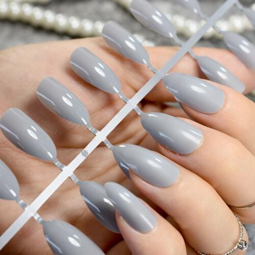 Oval Sharp end Stiletto False Nails Fashion Grandma Gray Color Waterdrop Fake Nails Tips Full Cover Manicure Artificial Nails