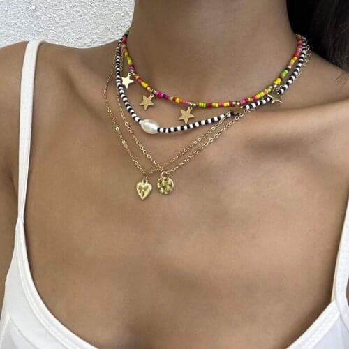 Fashion Bohemia Colorful Seed Beads Heart Pendant Necklace Women Calvicle Chain Star Necklace For Women Jewelry Wholesale XR-92